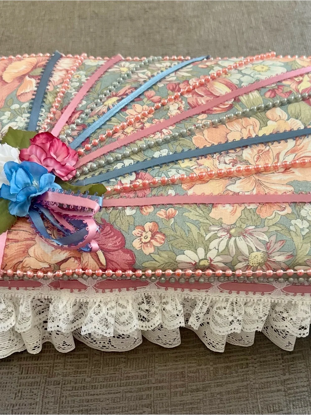 Floral Lace Storage Cushion in Cream with Pink & Blue Accents